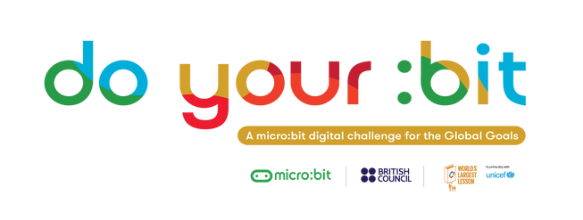 Logotip "Do your bit" amb l'etiqueta "una micro:bit repte digital per als Objectius Globals de desenvolupament ODS" juntament amb els logotips de micro:bit, British Council, World's Largest Lesson i Unicef.