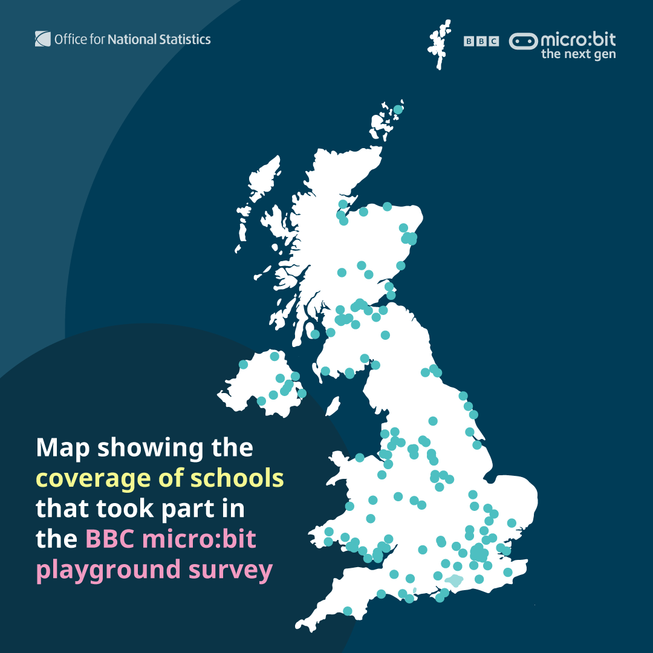 A map showing the coverage of schools that took part in the micro:bit playground survey.