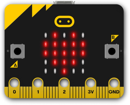 Image of a micro:bit with a heart on the LEDs