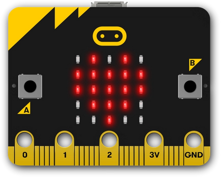 Image of a micro:bit with a heart on the LEDs