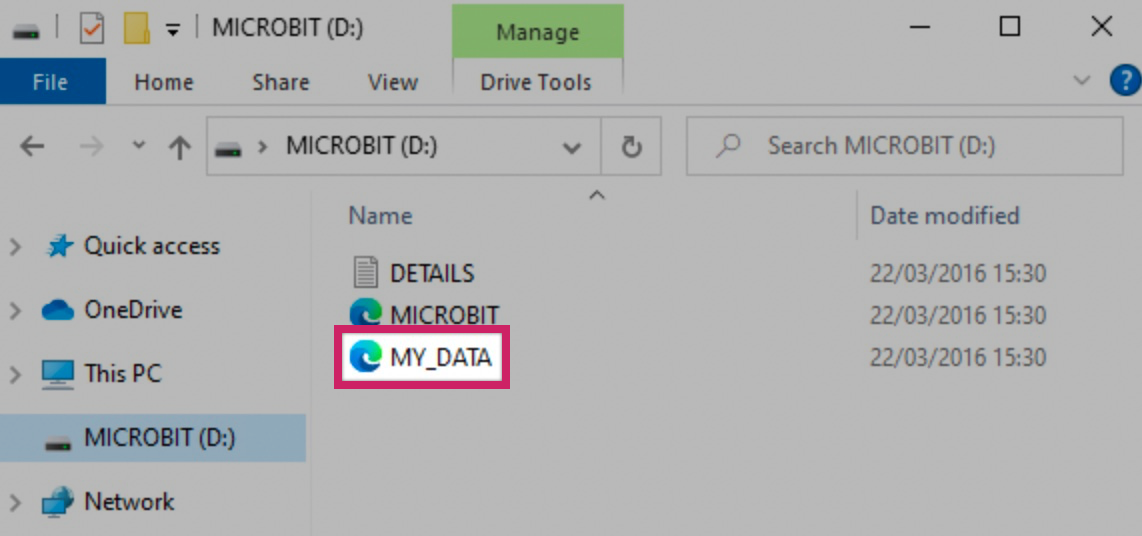 The MICROBIT drive as it appears in Windows