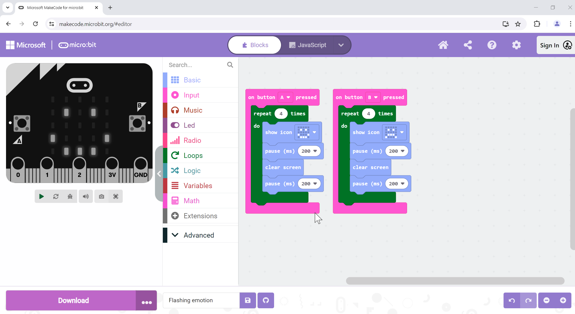 Screenshot of MakeCode with Windows blue-yellow colour blindness filter applied