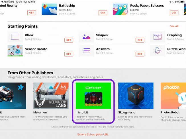 screenshot showing how add the micro:bit book to the Swift Playgrounds app