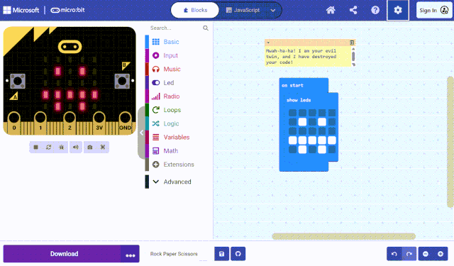 Gif of MakeCode, showing the new Version History menu on the right hand side