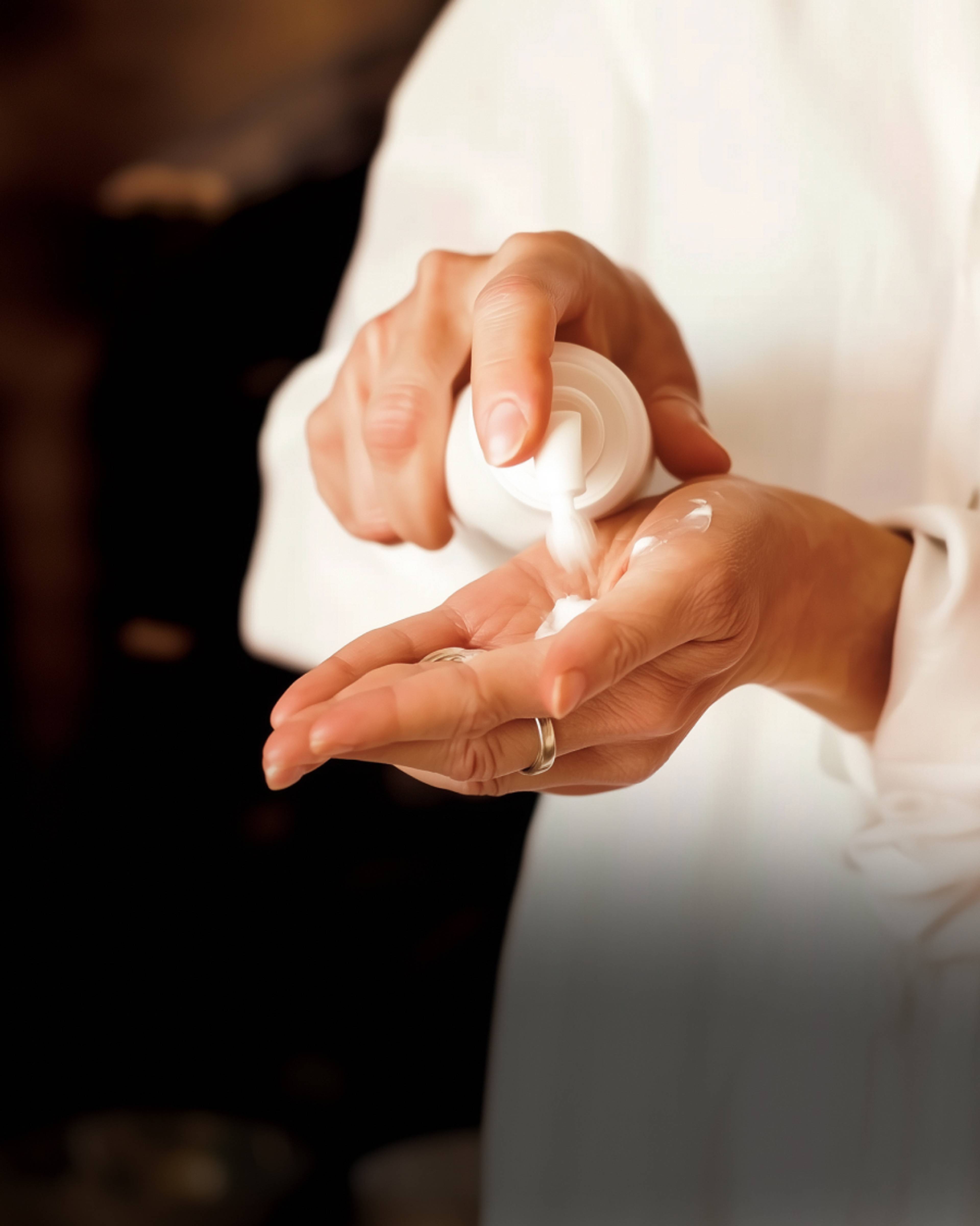 Une femme s'appliquant de la crème sur les mains