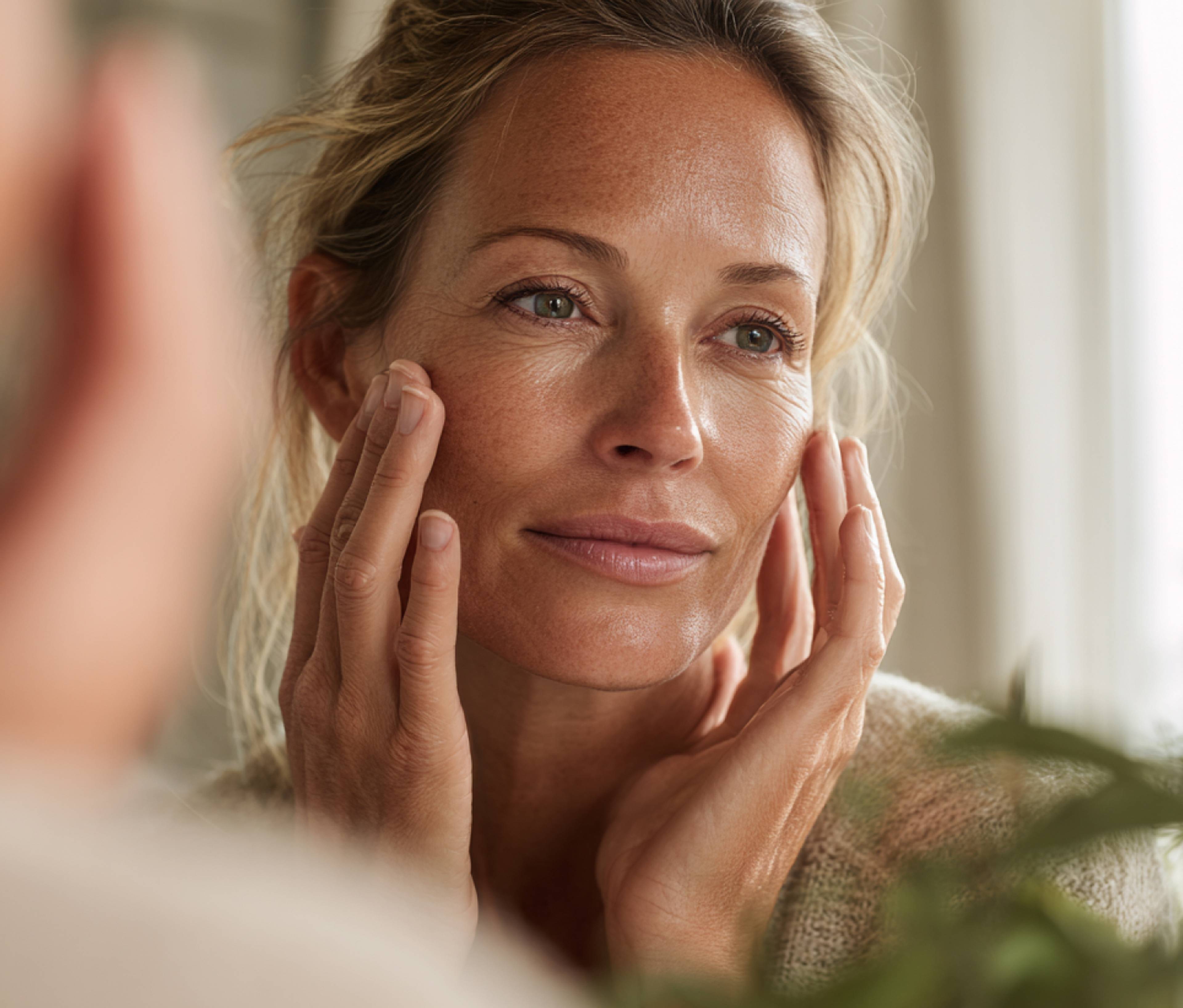 Une femme de 40 ans qui applique un soin sur sa peau