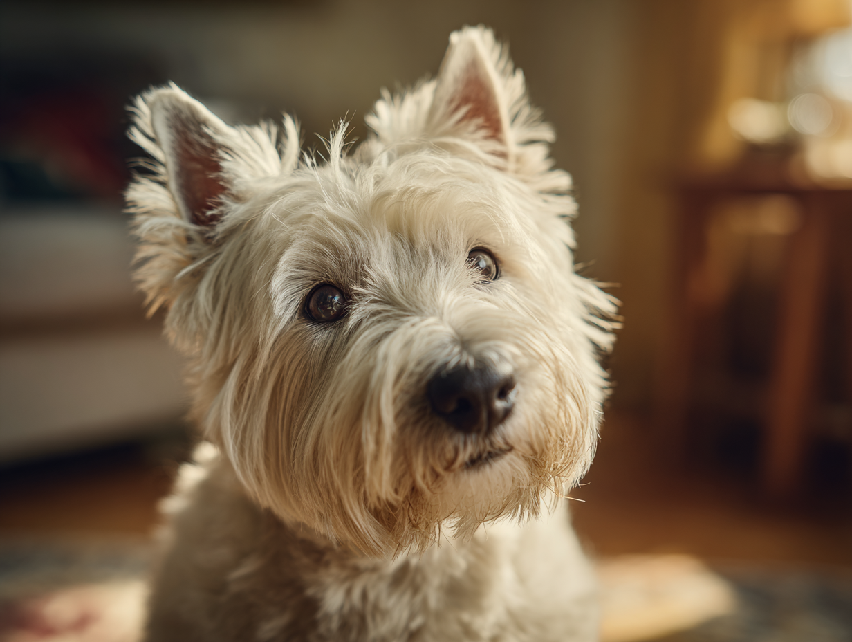 Senior Westie with greying coat, sitting in a warm setting, looking at their owner with trust.