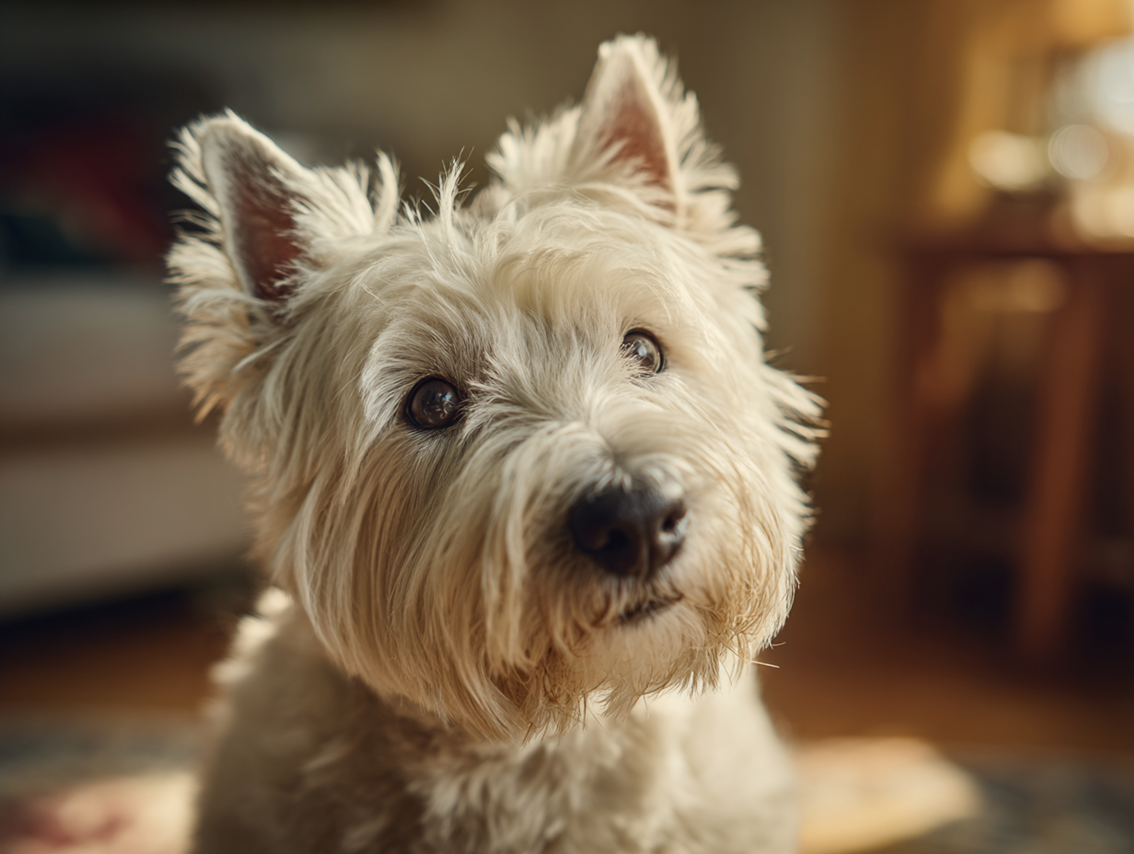 Westie âgé, au pelage grisonnant, assis dans une ambiance chaleureuse, regardant son maître avec confiance.