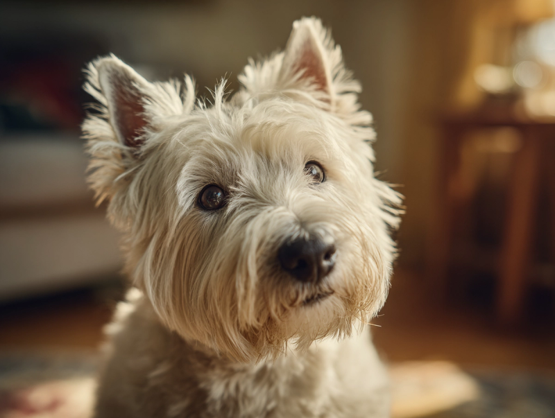 Westie âgé, au pelage grisonnant, assis dans une ambiance chaleureuse, regardant son maître avec confiance.