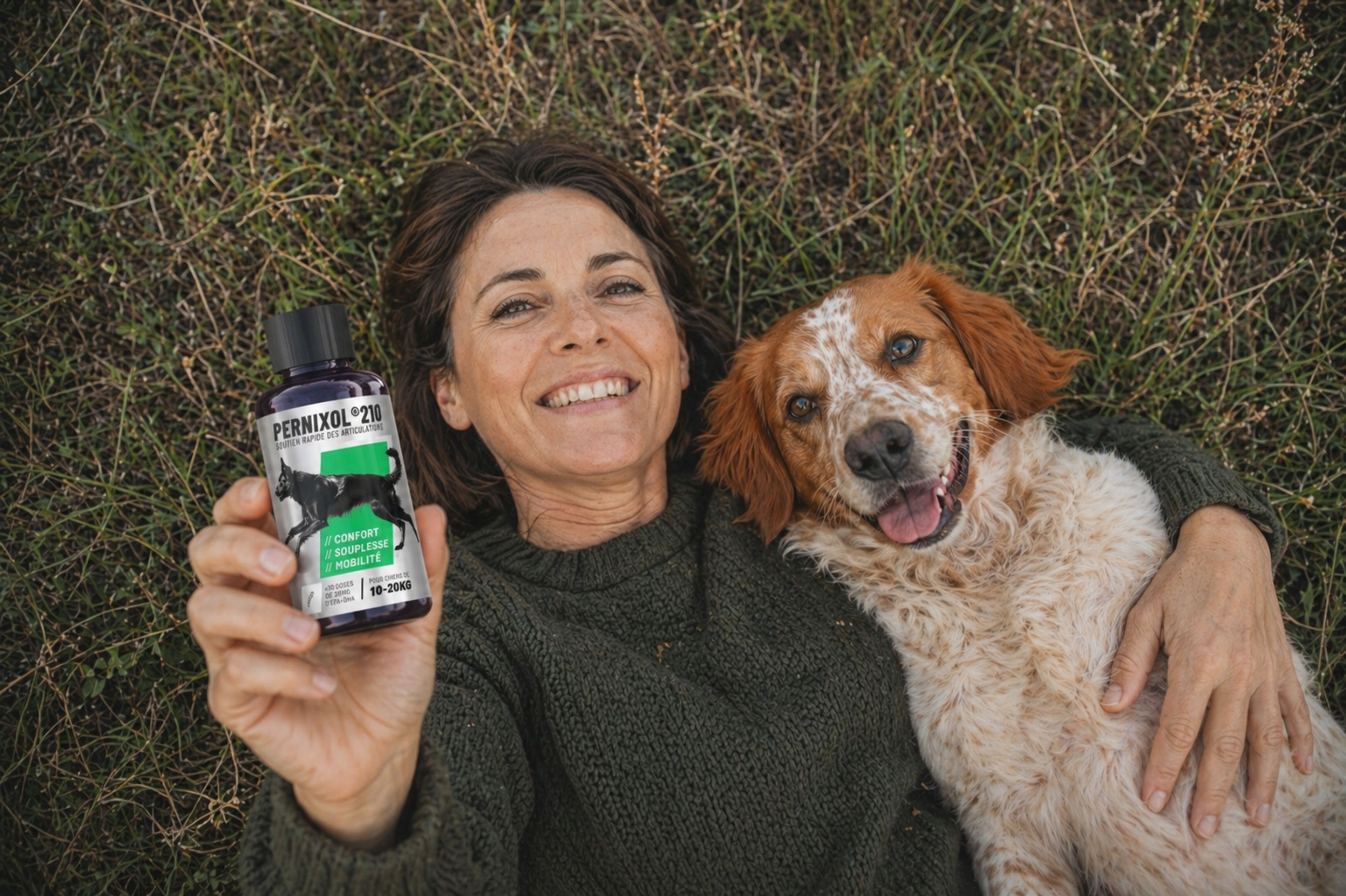 Une femme présentant PERNIXOL®210 avec son chien de taille moyenne