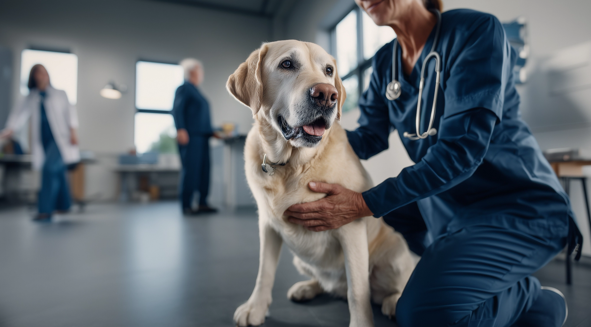 Chien âgé assis chez le vétérinaire avec une radiographie articulaire en arrière-plan, illustrant la boiterie et les troubles articulaires liés à l’âge.