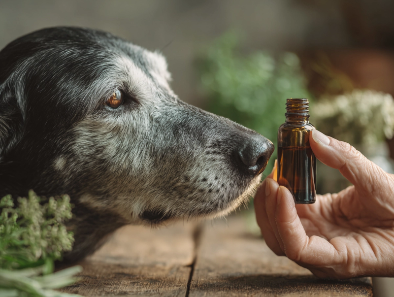 Main tenant un flacon d’huile essentielle près de la truffe d’un chien âgé, illustrant la prudence et la curiosité autour de l’aromathérapie canine.