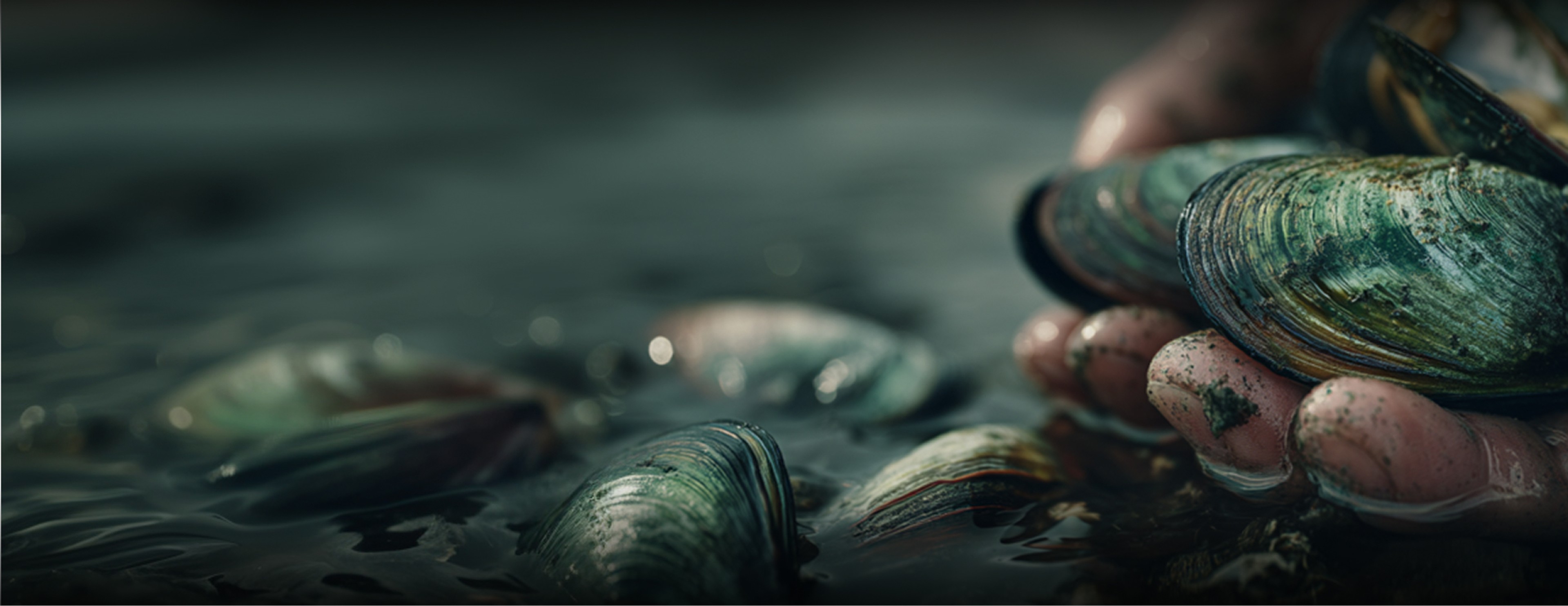 Une main rammassant des moules vertes
