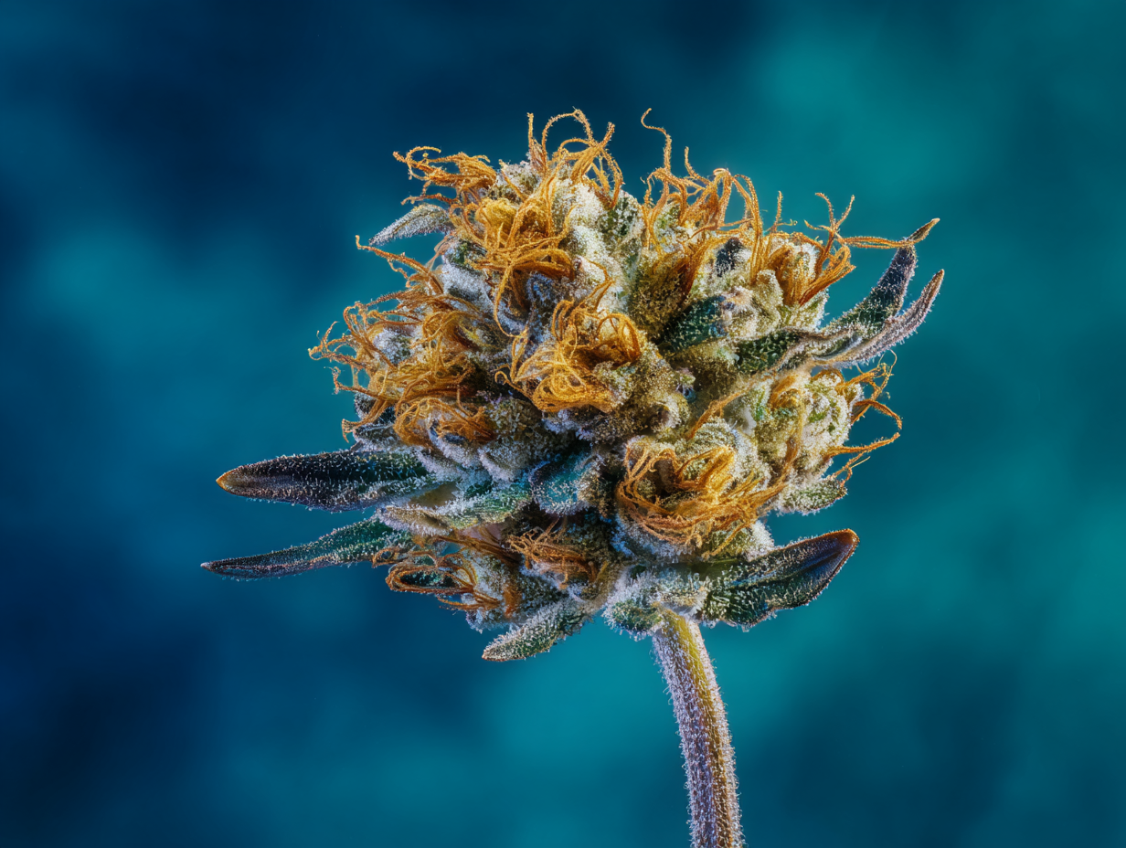 Fleur de chanvre en macro, trichomes et pistils orange visibles – illustration des extraits de CBD utilisés dans les compléments pour animaux.