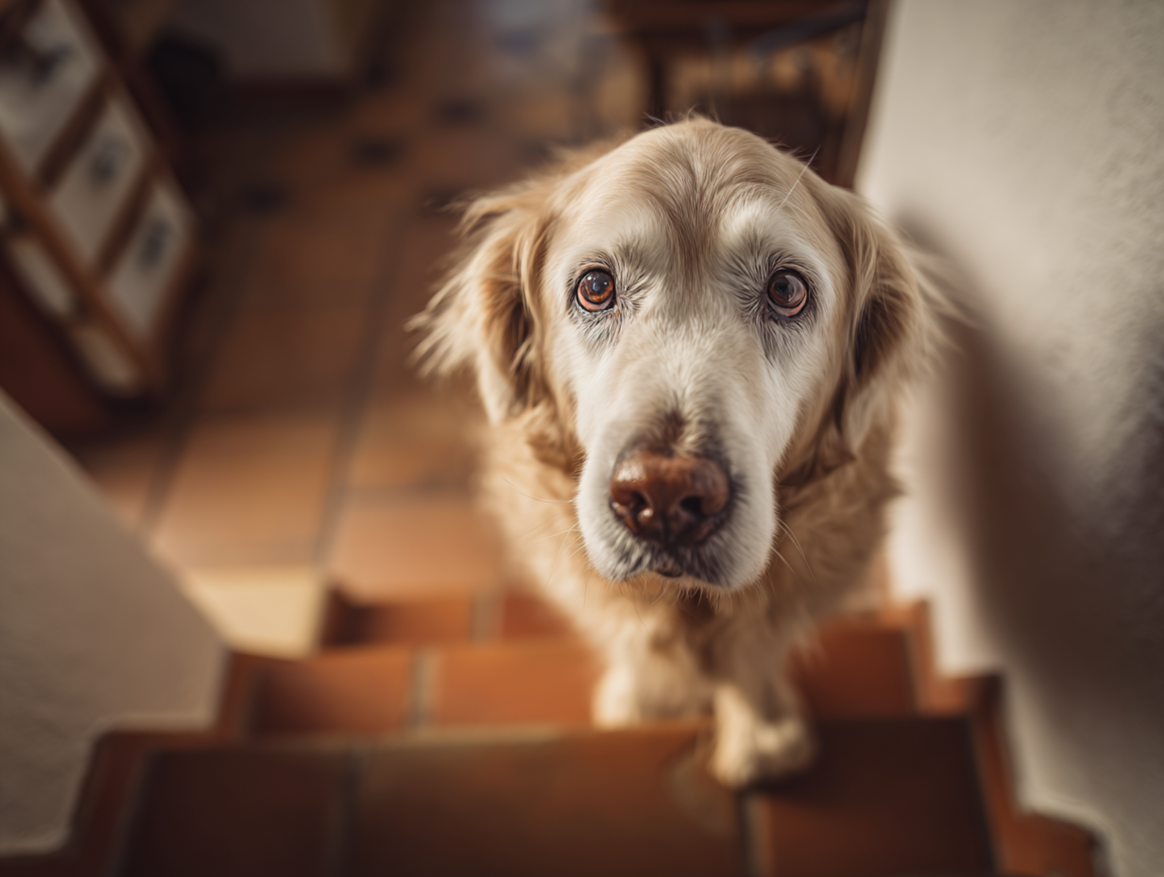 Chien âgé peinant à monter les escaliers, symptôme précoce d’arthrose