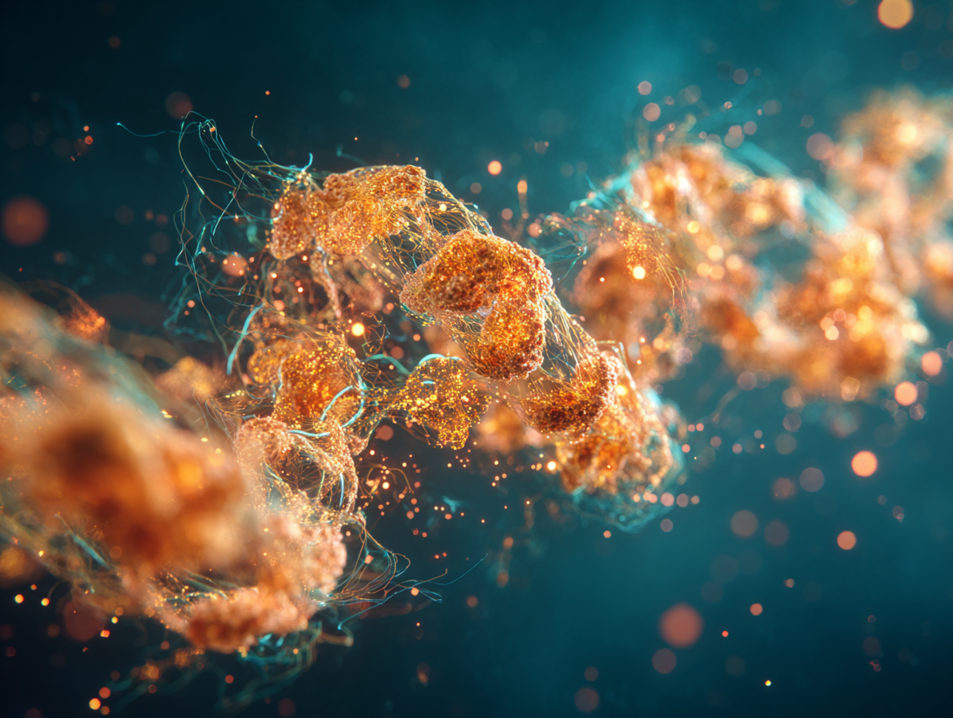 Visualisation macro-scientifique réaliste de la structure du collagène de type II, montrant une triple hélice de fibres protéiques dorées et orangées sur fond bleu océan, illustrant le rôle du collagène dans la souplesse et la résistance du cartilage articulaire chez le chien.
