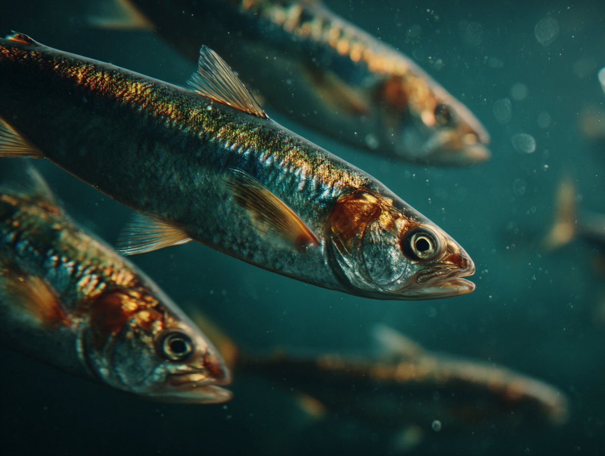 Poissons gras nageant en banc sous l’eau, riches naturellement en Oméga-3 EPA et DHA.