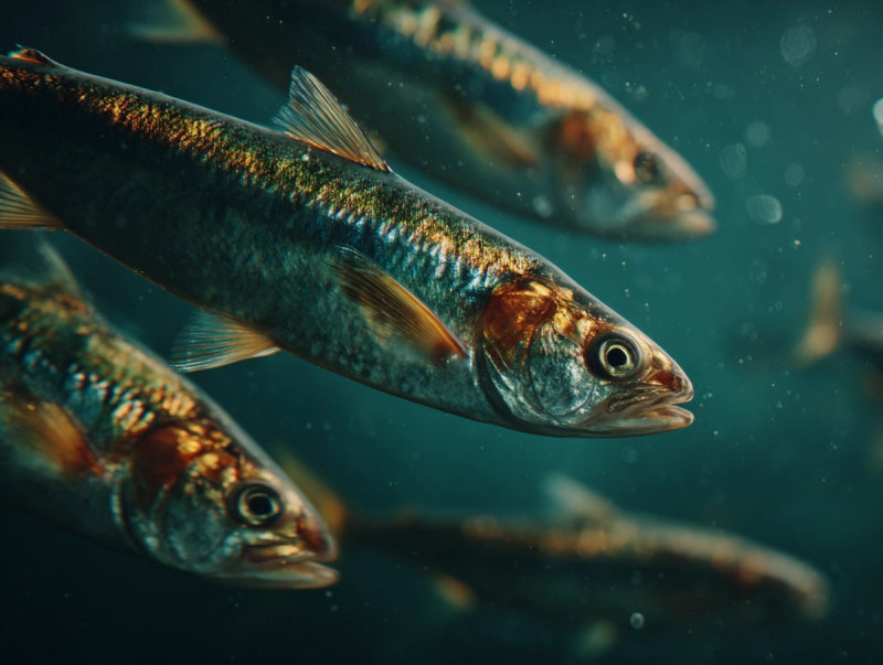Poissons gras nageant en banc sous l’eau, riches naturellement en Oméga-3 EPA et DHA.