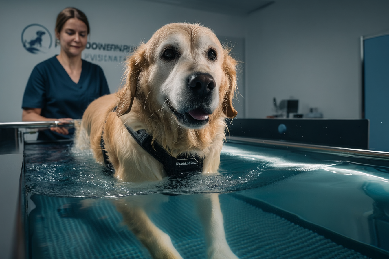 Chien senior en séance d'hydrothérapie sur tapis roulant immergé pour améliorer sa mobilité articulaire