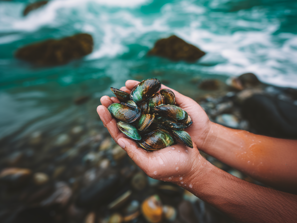Moules vertes de Nouvelle-Zélande en pleine récolte avant extraction sous forme d'huile pour un complément articulaire pour chiens
