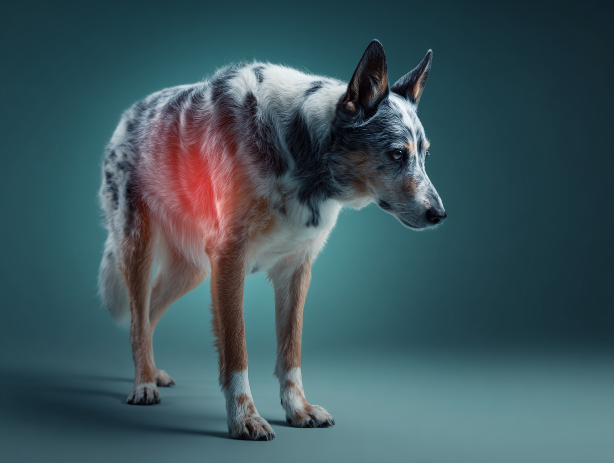 Chien senior âgé présentant des inflammations au niveau des articulations, pour illustrer les symptômes de l'arthrose