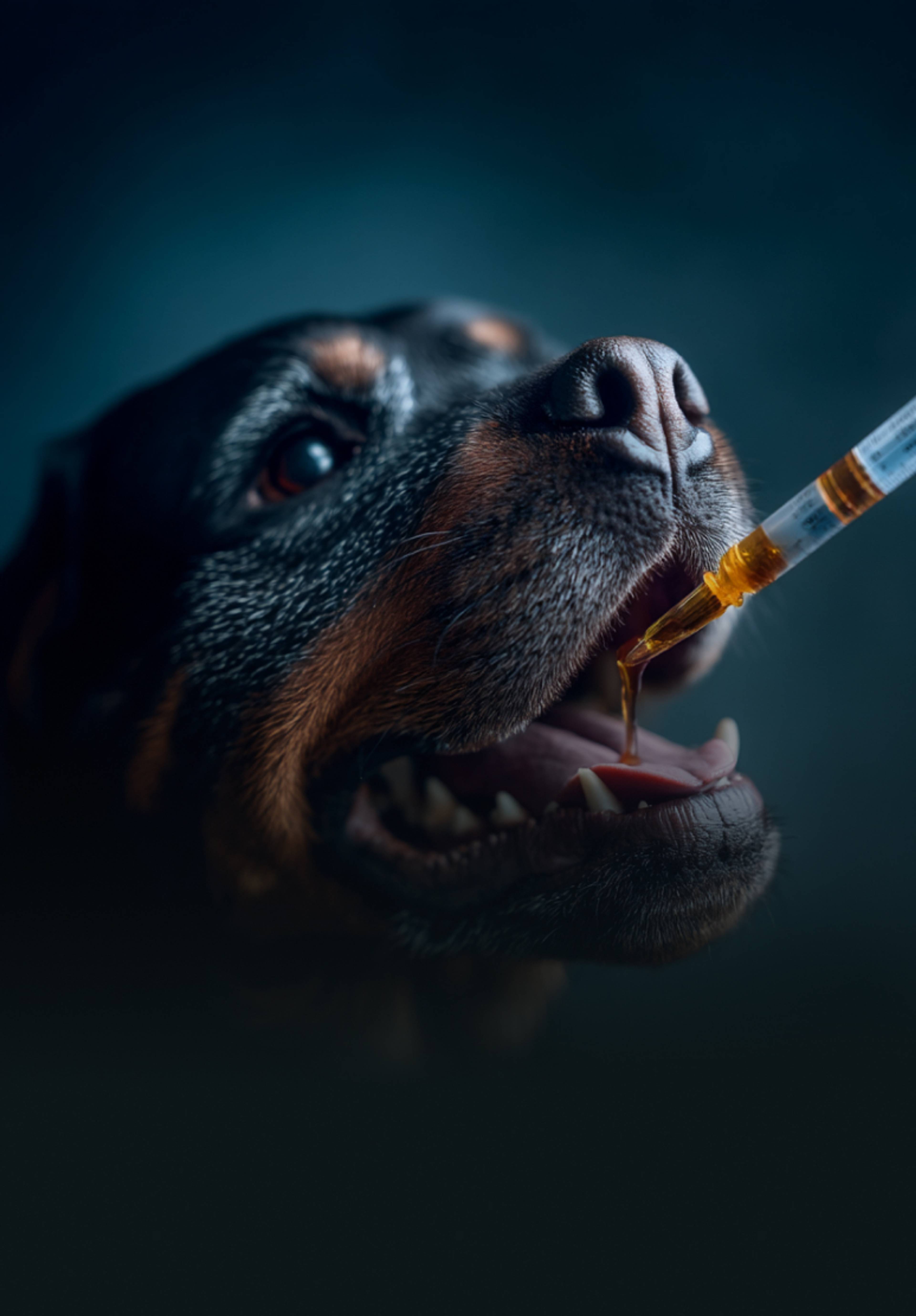 Chien Rottweiler qui prend l'huile de moule verte