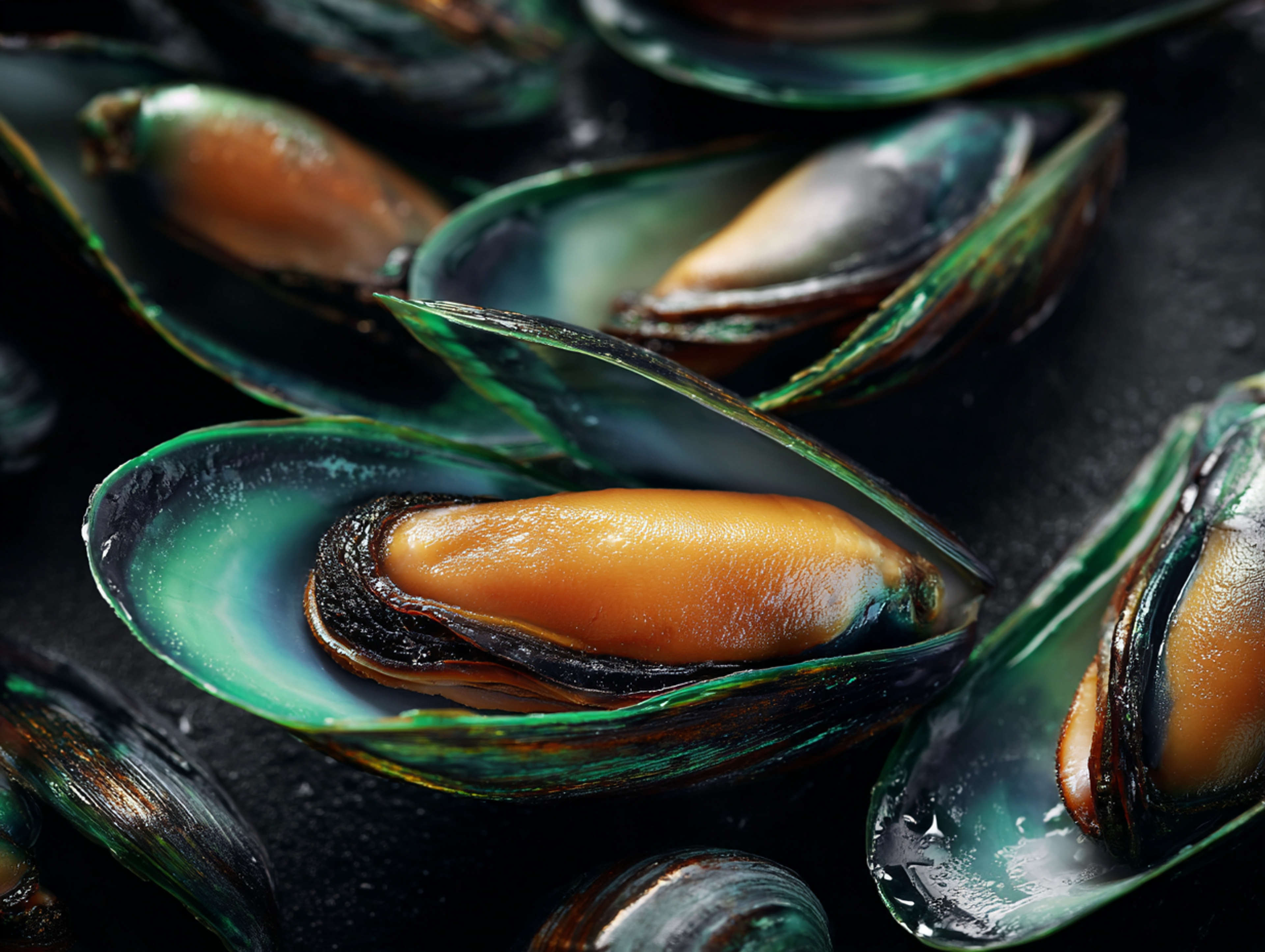Gros plan de moules vertes de Nouvelle-Zélande ouvertes, à la chair orangée et aux reflets nacrés verts et bleus, sur fond sombre humide, illustrant les bienfaits de la moule verte sur la mobilité articulaire.