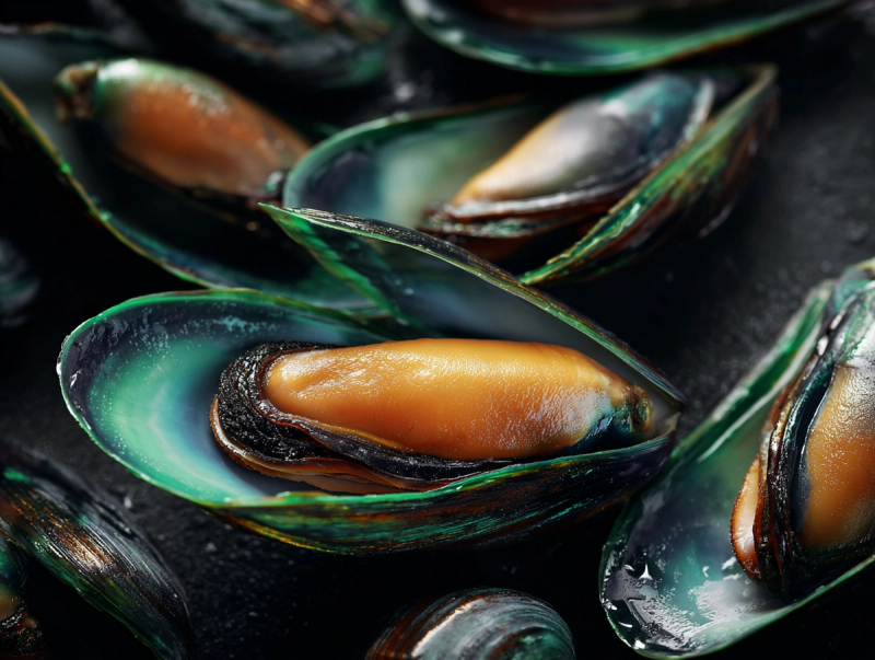 Gros plan de moules vertes de Nouvelle-Zélande ouvertes, à la chair orangée et aux reflets nacrés verts et bleus, sur fond sombre humide, illustrant les bienfaits de la moule verte sur la mobilité articulaire.
