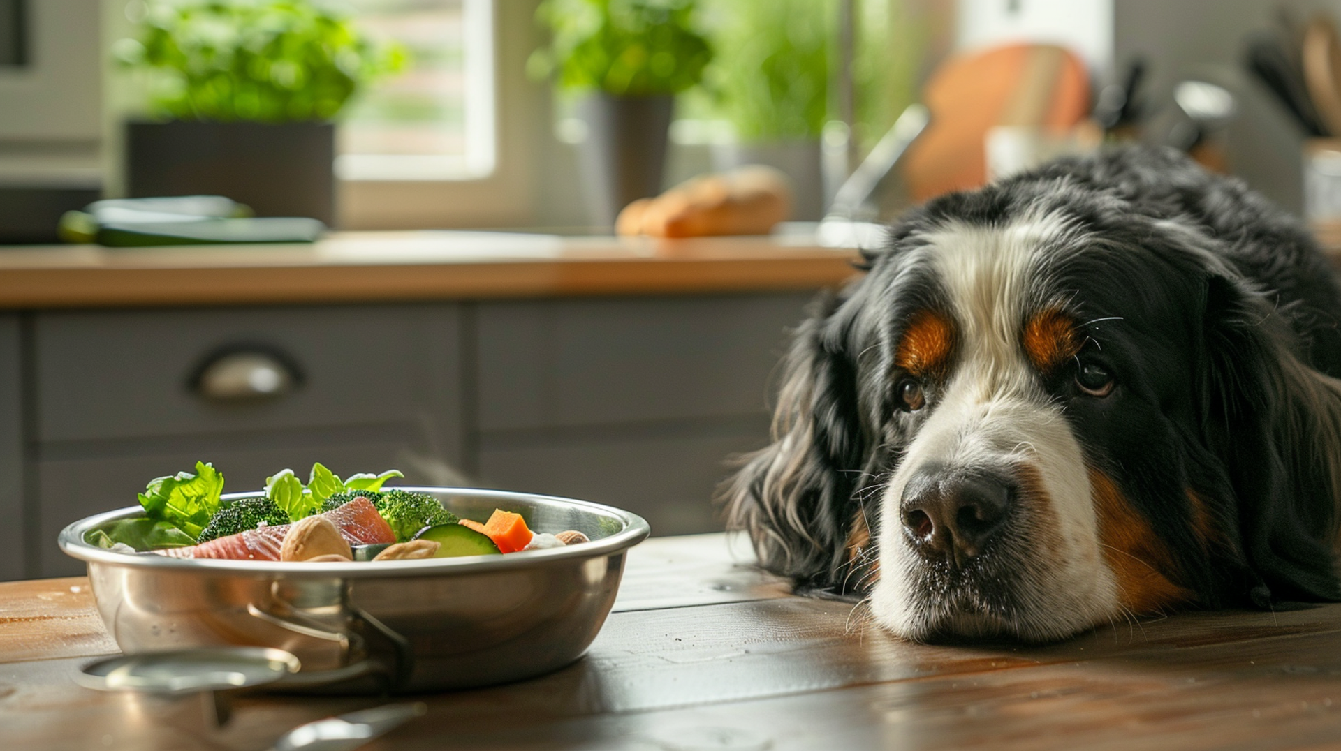 Chien de montagne bernois allongé sur une table en bois dans une cuisine, fixant une assiette remplie de légumes frais et de saumon, sous une lumière naturelle douce.