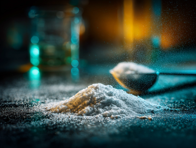 Poudre fine de glucosamine HCl pure, photographiée en macro sur fond sombre, illustrant la qualité pharmaceutique et la pureté des ingrédients utilisés pour le soutien articulaire des chiens.