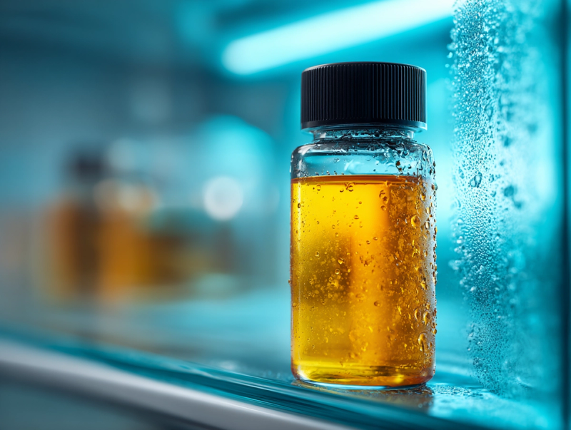 Flacon ambré de complément alimentaire riche en Oméga-3 conservé au réfrigérateur, posé sur une étagère en verre givré, avec condensation et lumière froide turquoise évoquant la fraîcheur et la stabilité de l’huile.