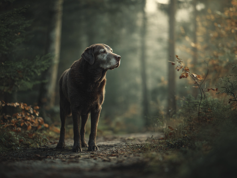Labrador âgé en surpoids marchant difficilement dans une forêt, illustrant les troubles articulaires et la mobilité réduite chez les chiens seniors.