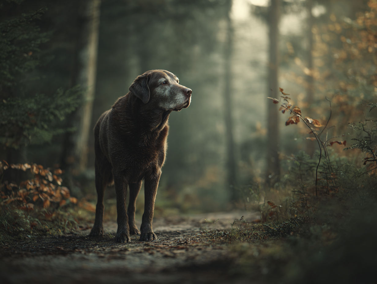 Labrador âgé en surpoids marchant difficilement dans une forêt, illustrant les troubles articulaires et la mobilité réduite chez les chiens seniors.