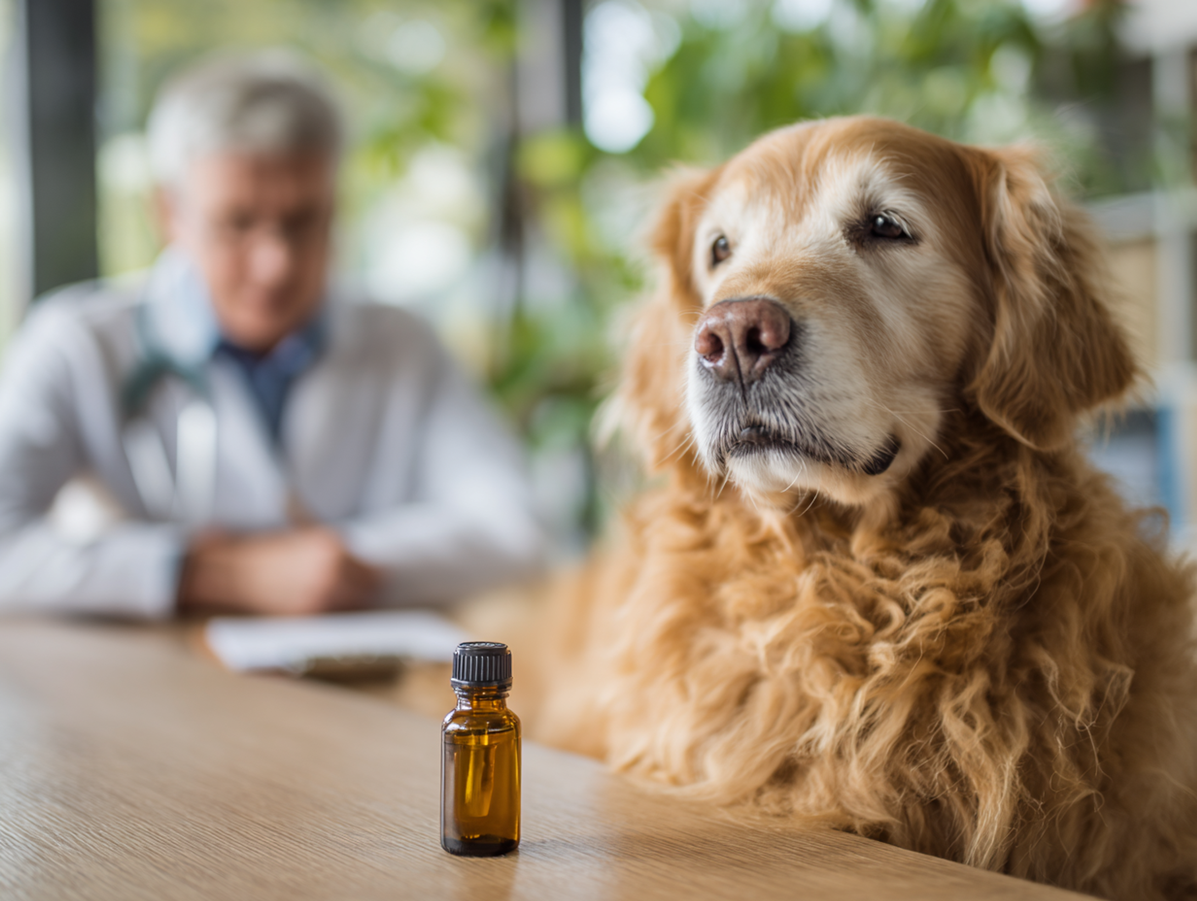 Vétérinaire expliquant à un propriétaire l’utilisation encadrée des huiles essentielles pour un chien âgé, illustrant la prudence et le suivi professionnel.
