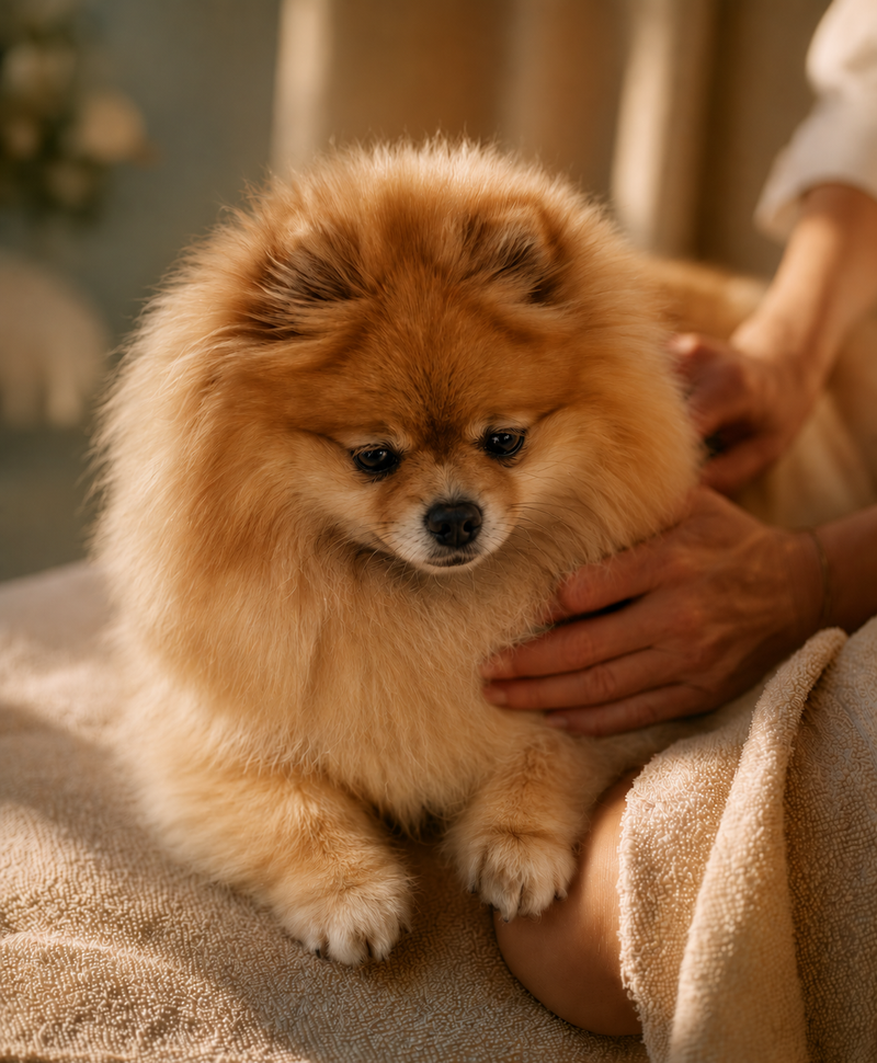 Pomeranian spitz nain reçevant un soin d'ostéopathie avec pernixol