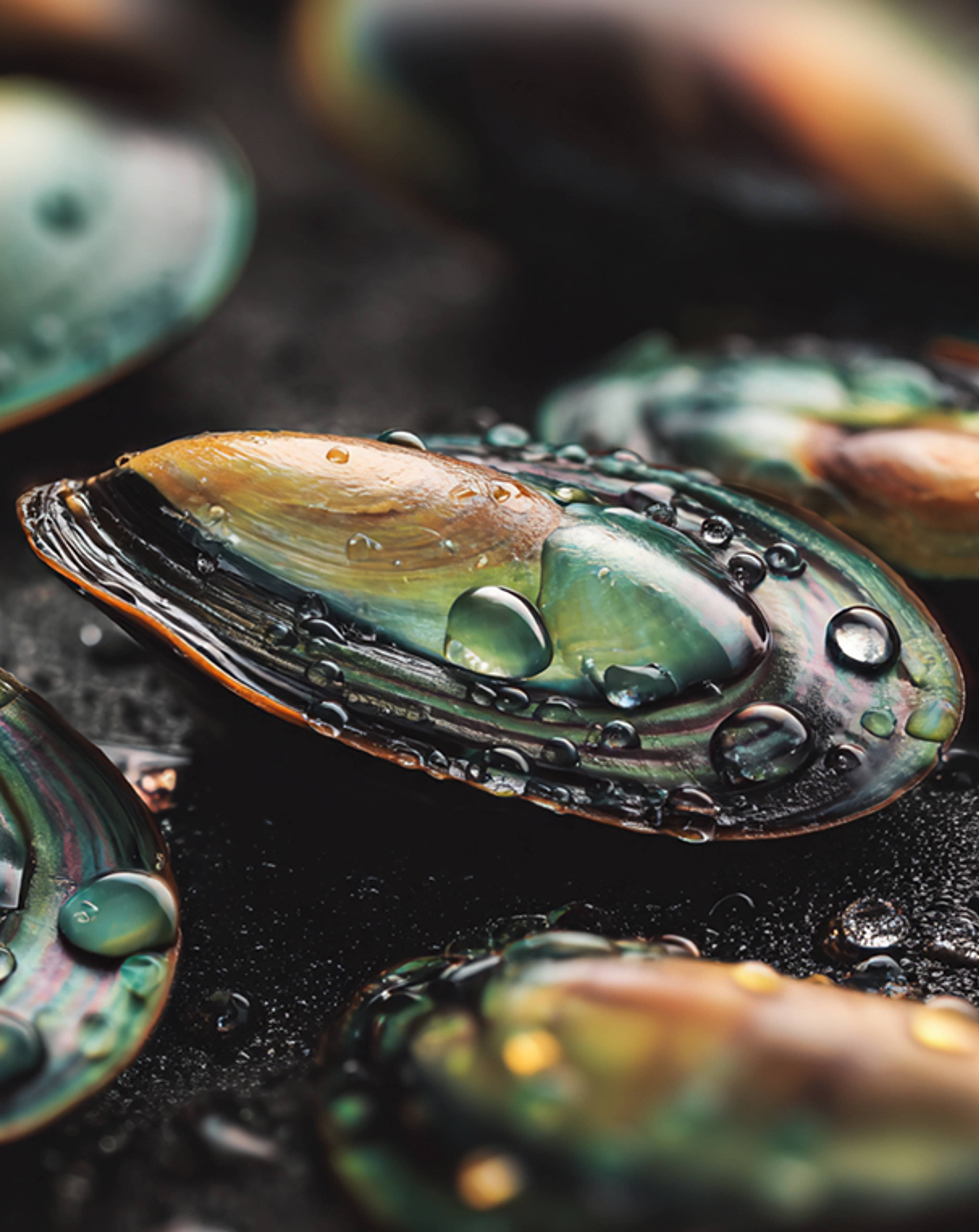 Vue macro de moules vertes fraichement cultivées