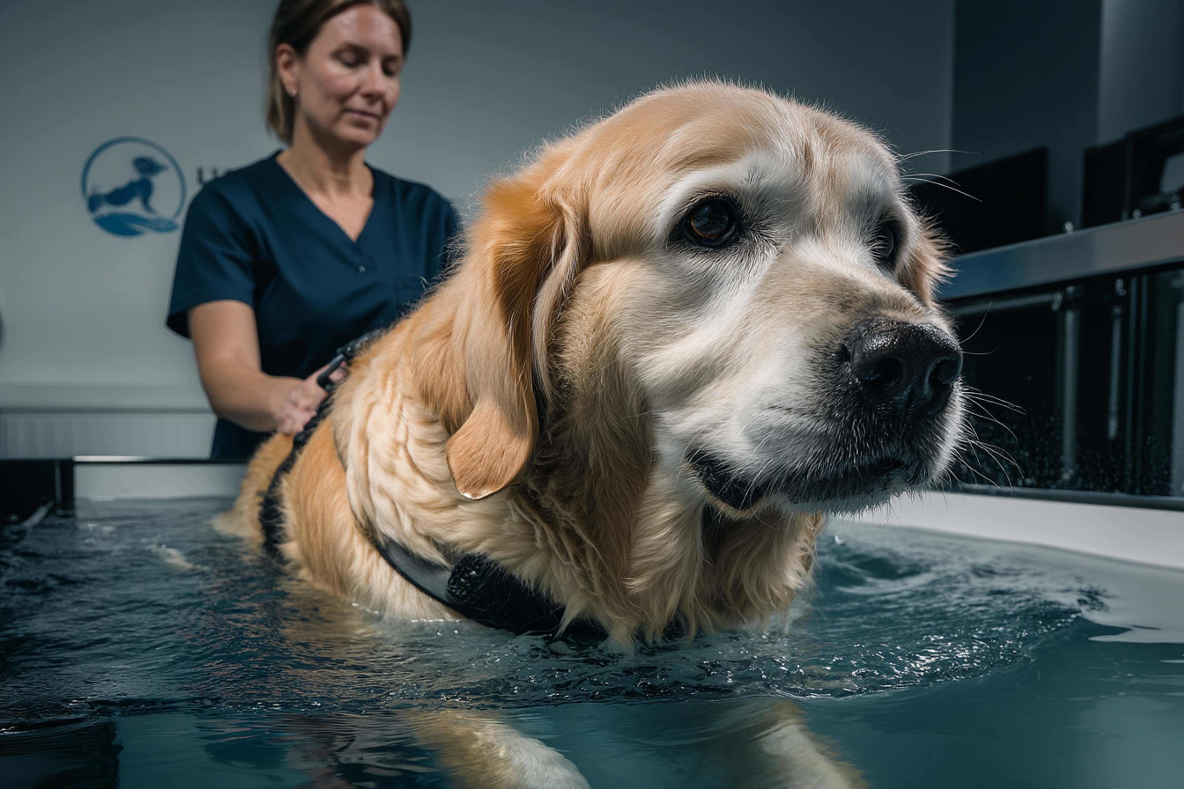 Chien arthrosé faisant de la balnéothérapie en piscine pour renforcer ses muscles sans douleur.