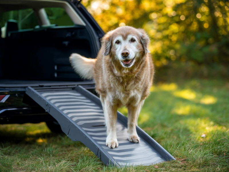 Chien âgé descendant prudemment d'une voiture à l’aide d’une rampe, illustrant la perte de mobilité et le soutien nécessaire aux chiens seniors.