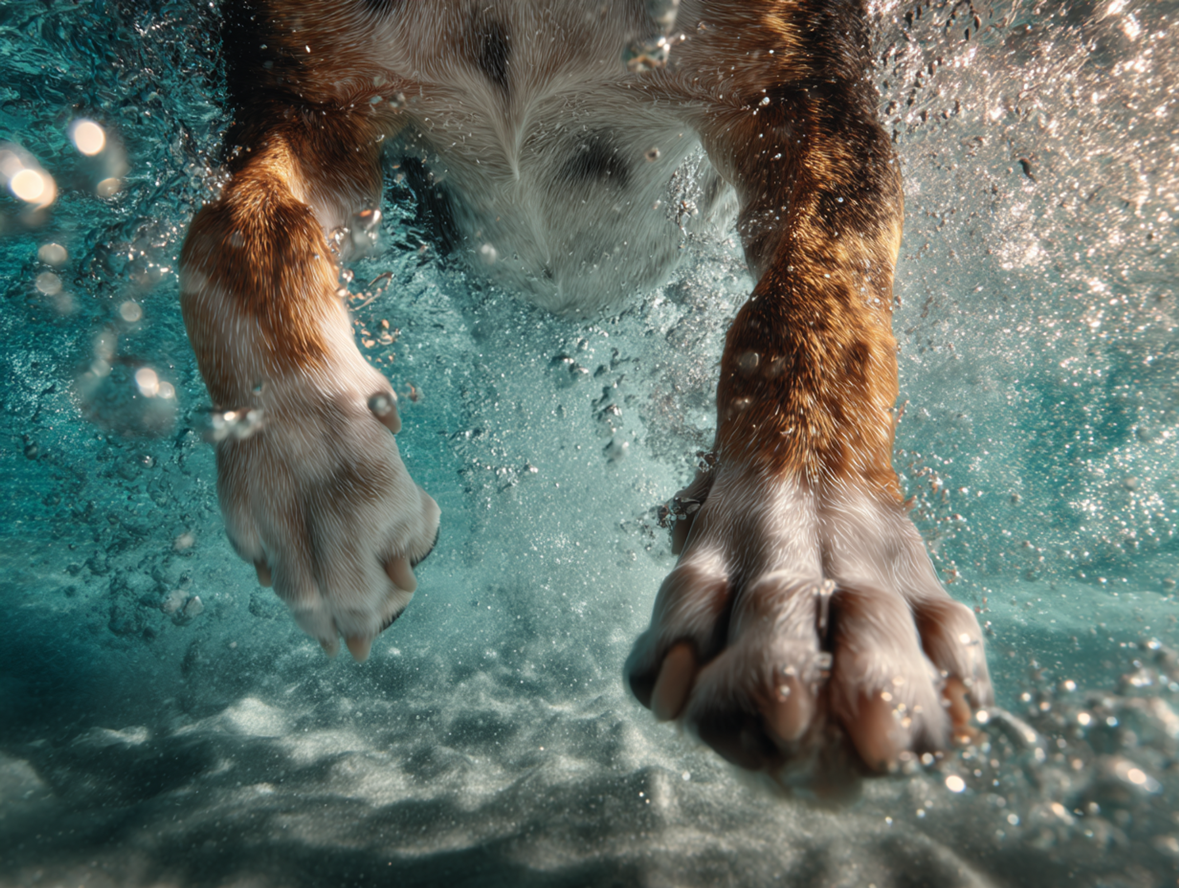 Vue sous-marine des quatre pattes d’un chien en train de nager, illustrant l’effort physique et la mobilité articulaire chez le chien.