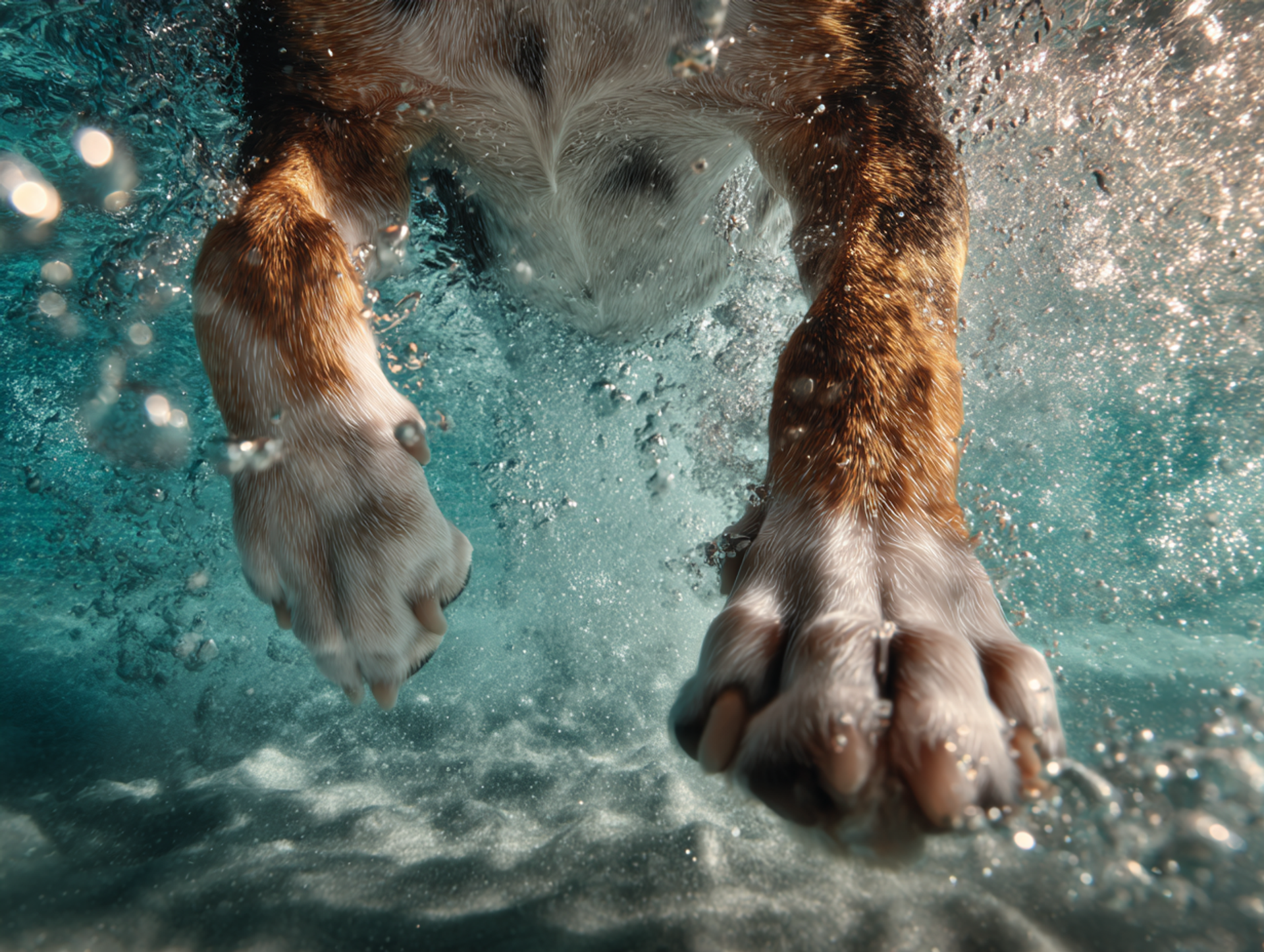 Vue sous-marine des quatre pattes d’un chien en train de nager, illustrant l’effort physique et la mobilité articulaire chez le chien.