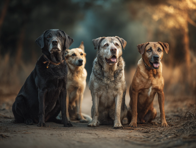 Groupe de chiens âgés de différentes races posant ensemble sur un chemin de terre dans un parc verdoyant, sous une lumière douce et dorée.