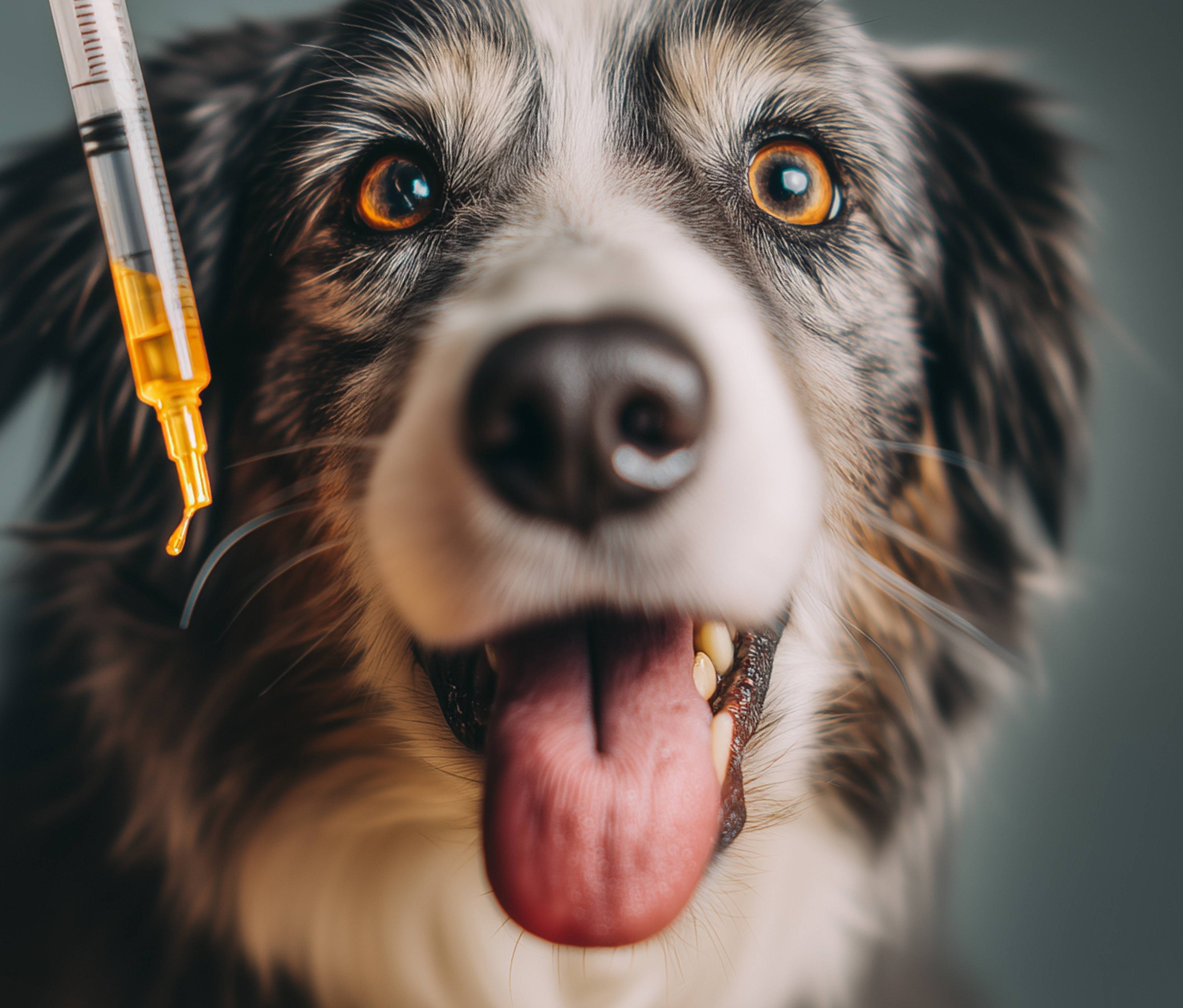Un dropper depose de l'huile PERNIXOL la gueule d'un chien