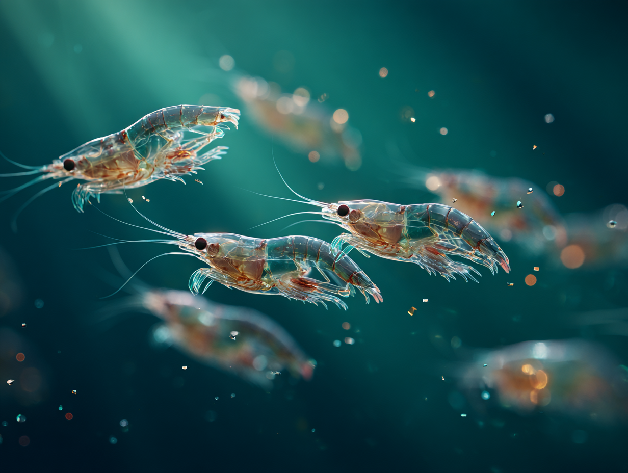 Banc de krill antarctique dense, nageant en essaim dans les eaux froides, illustrant le maillon essentiel de la chaîne alimentaire.