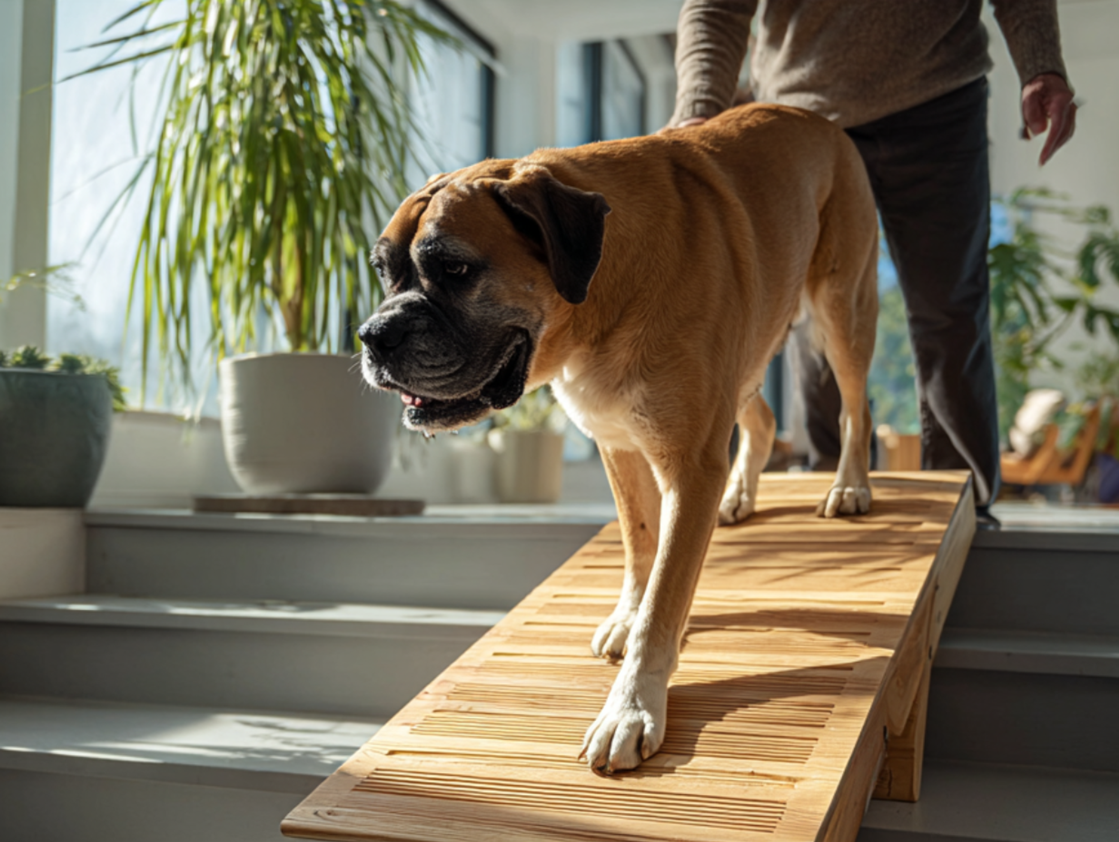 Boxer âgé montant une rampe d’accès avec l’aide de son maître, illustrant les adaptations du quotidien pour soulager l’arthrose du chien.