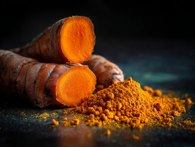 Racine de curcuma coupée révélant sa chair orangée, posée au-dessus d’un petit tas de poudre dorée de rhizome séché, illustrant l’origine naturelle et la transformation du curcuma utilisé pour le soutien articulaire du chien.