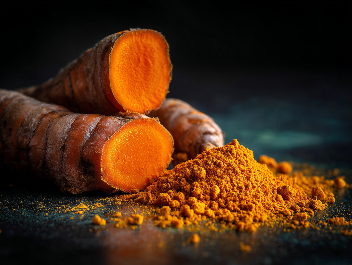Racine de curcuma coupée révélant sa chair orangée, posée au-dessus d’un petit tas de poudre dorée de rhizome séché, illustrant l’origine naturelle et la transformation du curcuma utilisé pour le soutien articulaire du chien.