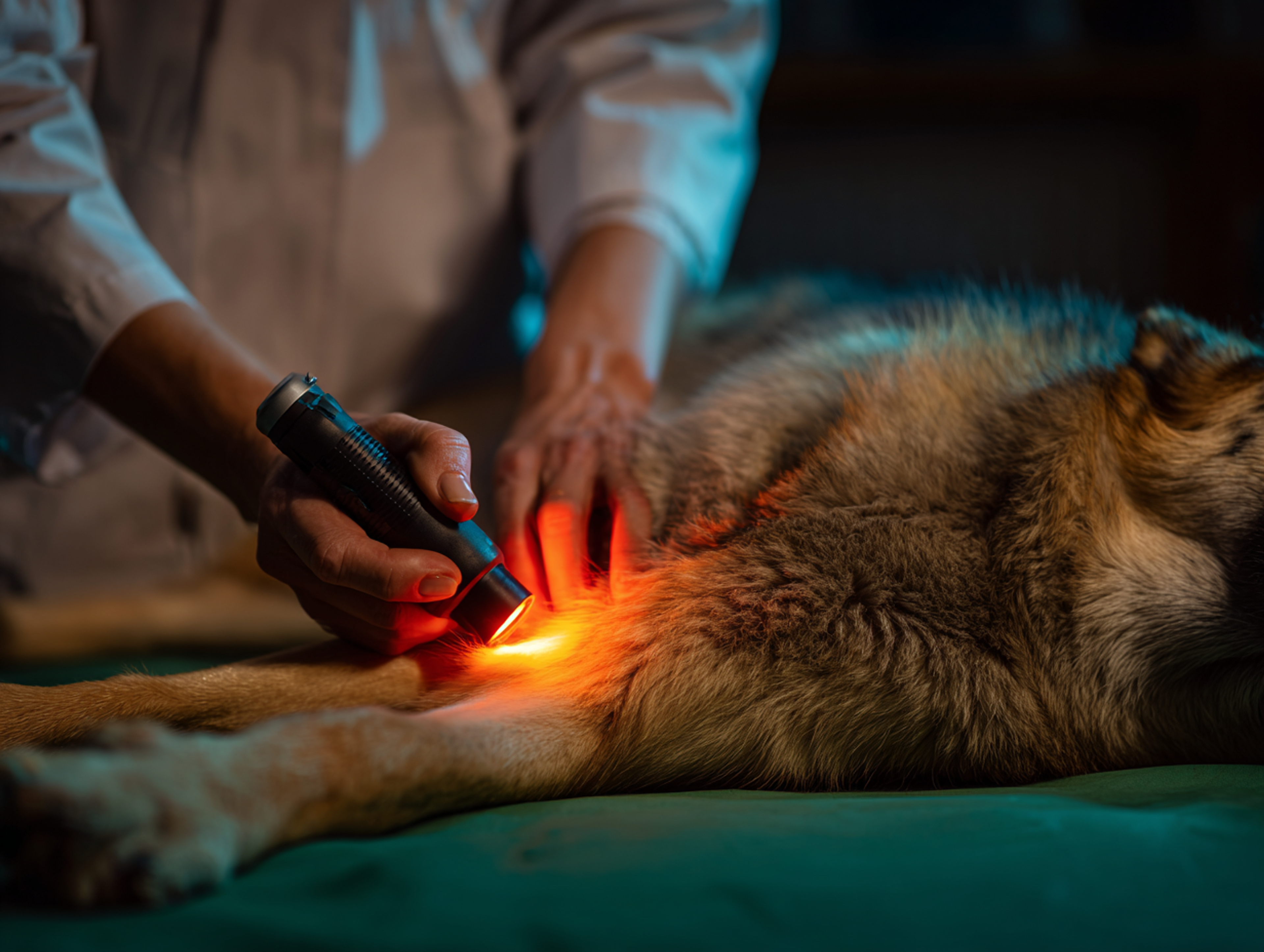 Gros plan sur la patte arrière d’un chien recevant une séance de laser thérapeutique vétérinaire, lumière rouge visible sur la zone traitée, illustrant les techniques spécialisées pour soulager l’arthrose canine.