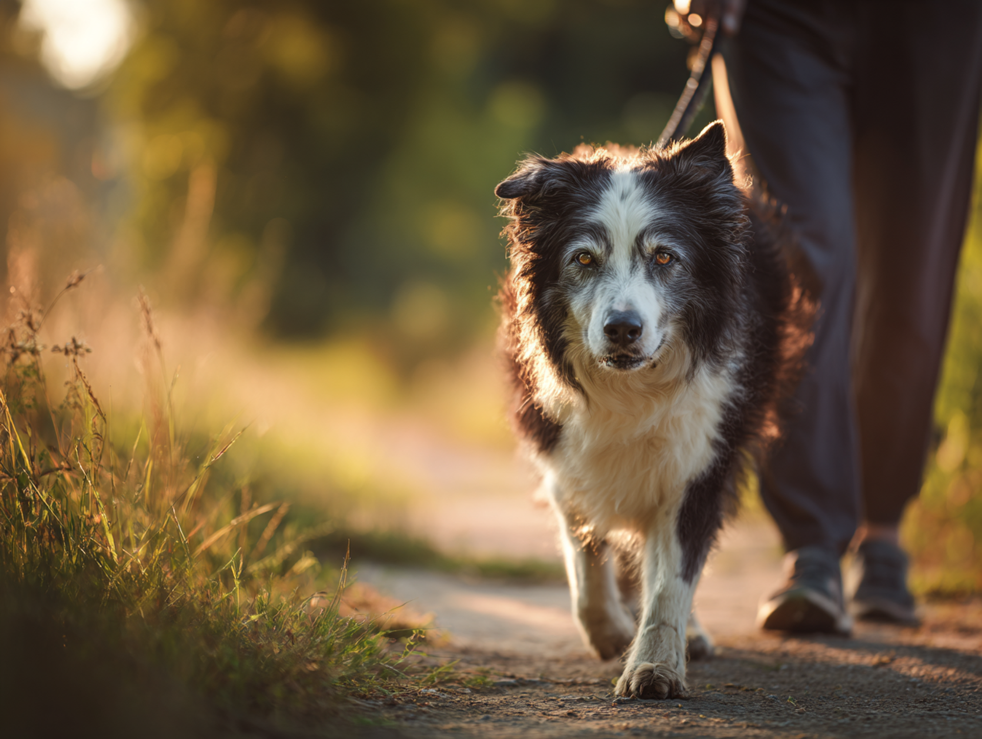 Chien senior marchant doucement aux côtés de son maître lors d’une promenade sur terrain plat pour soulager l’arthrose.
