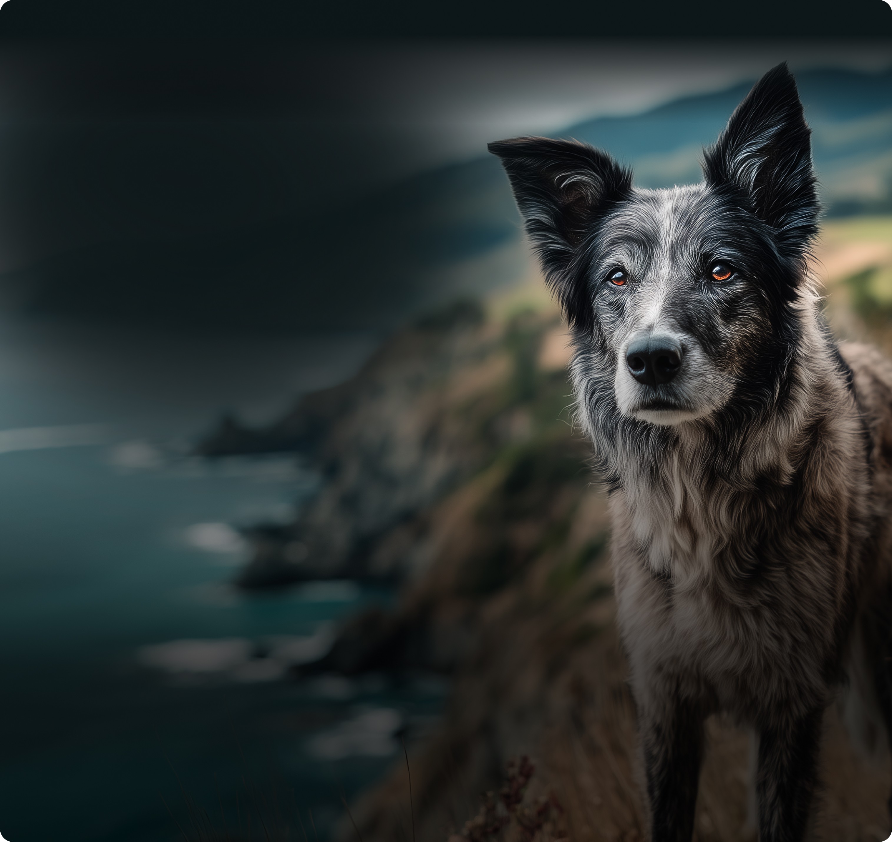 Chien proche de l'ocean regardant la camera