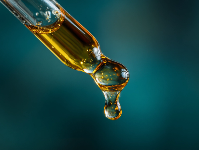 Goutte d’huile dorée riche en oméga-3 tombant d’une pipette en verre, symbolisant le dosage précis pour le soutien articulaire du chien.